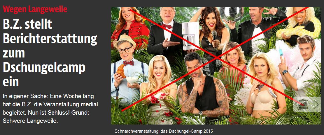 »Schwere Langeweile« und »Schnarchveranstaltung«: das Dschungel-Camp 2015 (Bild: Berliner Zeitung B.Z.)