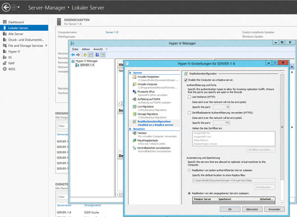 Neues Feature im neuen Server-Manager: Mit Hilfe der Replikationskonfiguration kann ein Server als Ziel einer Replikation bestimmt werden (Beta-Version: Auf der Oberfläche finden sich noch deutsche und englische Beschreibungen gemischt).