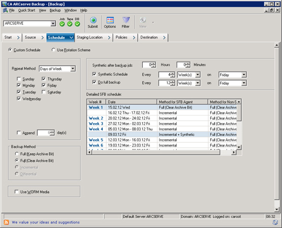 Mit der Option »synthetic Backup« liefert der Scheduler eine komplexe Abfolge von inkrementellen und synthetischen Sicherungen. Ein echtes Voll-Backup gibt‘s dann nur noch quartalsweise.