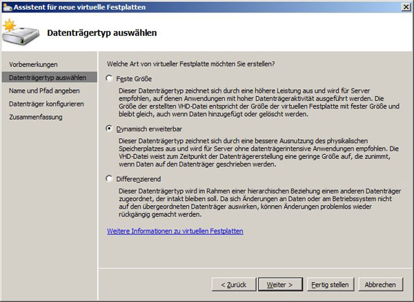 Bild 1. Üblicherweise legt der Hyper-V eine VHD als dynamische virtuelle Festplatte an. Quelle: Microsoft