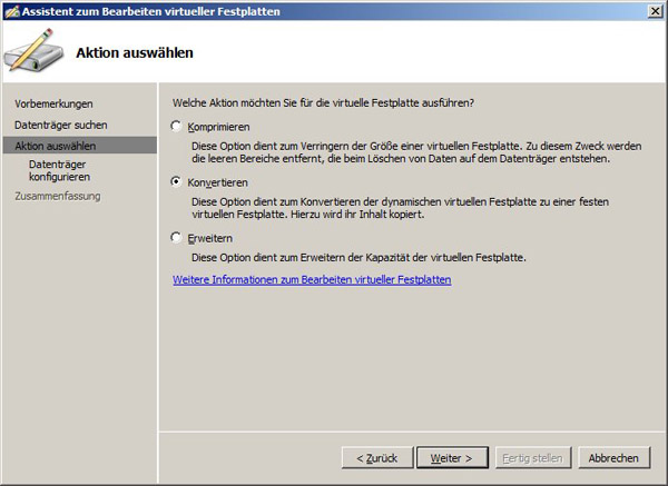 Bild 2. Später kann der Administrator die dynamische VHD zu einer mit fester Größe konvertieren. Quelle: Microsoft