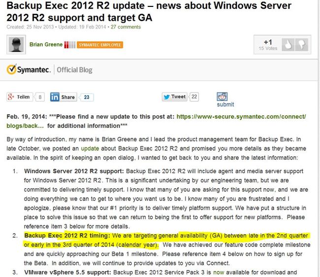 Symantec avisiert »Windows Server 2012 R2«-Unterstützung für Ende Q2/Anfang Q3 2014. (Bild: Symantec Support Blog)