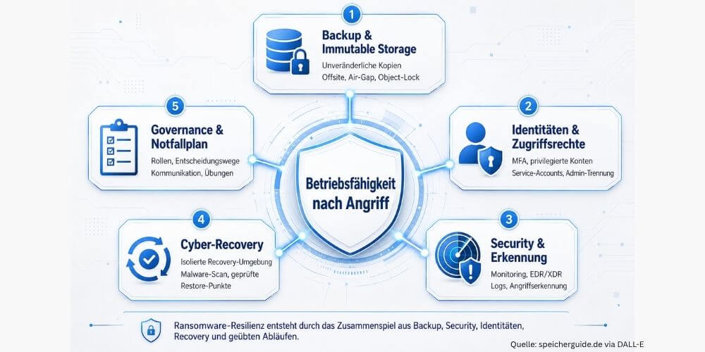 Ransomware-Resilienz entsteht nicht durch eine einzelne Sicherungskopie, sondern durch das Zusammenspiel aus Backup, Security, Identitäten, Recovery und geübten Abläufen. (speicherguide.de via DALL-E)