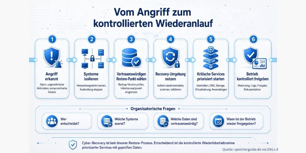 Cyber-Recovery ist kein linearer Restore-Prozess. Entscheidend ist die kontrollierte Wiederinbetriebnahme priorisierter Services mit geprüften Daten. (speicherguide.de via DALL-E)