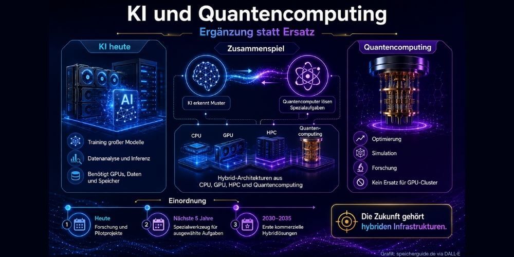 KI und Quantencomputing lösen unterschiedliche Aufgaben. Die Infografik zeigt, warum künftig hybride Infrastrukturen statt Ablösung gefragt sind. (Grafik: speicherguide.de via DALL-E)