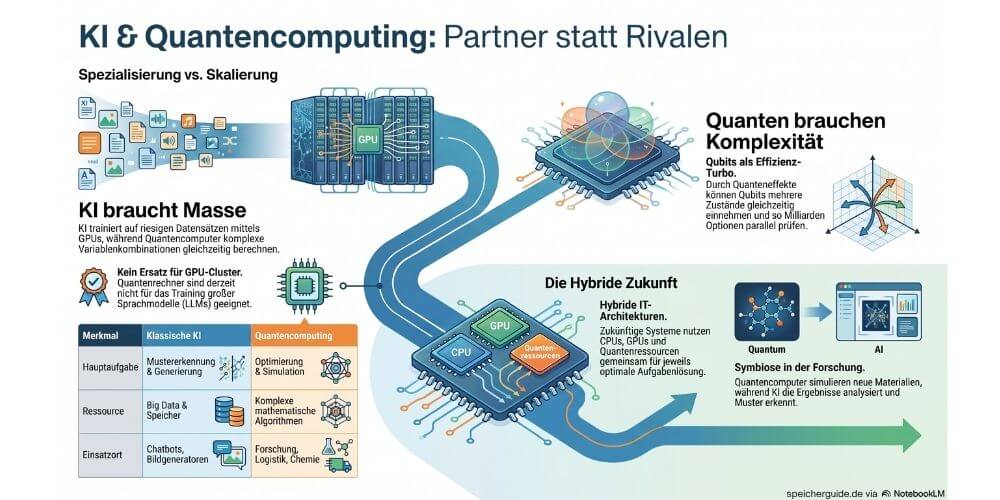 Skalierbare KI verarbeitet Massendaten und erkennt Muster, während Quantenressourcen künftig komplexe Optimierungs- und Simulationsaufgaben übernehmen. (Grafik: speicherguide.de via NotebookLM)