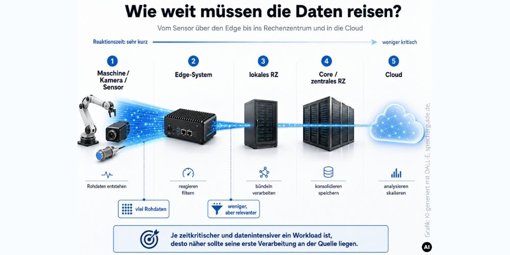 Je näher die Verarbeitung an der Datenquelle liegt, desto schneller reagiert sie – und desto weniger Rohdaten müssen weiterreisen. (Grafik: KI-generiert mit DALL-E, speicherguide.de)