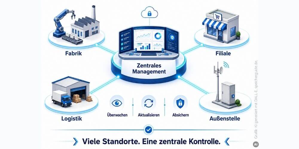 Edge bleibt verteilt – Überwachung, Updates und Schutz gehören trotzdem in eine zentrale Steuerung. (Grafik: KI-generiert mit DALL-E, speicherguide.de)