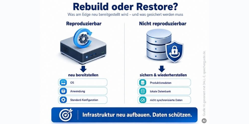 Was sich reproduzieren lässt, wird neu bereitgestellt. Nicht reproduzierbare Daten brauchen Backup und Recovery. (Grafik: KI-generiert mit DALL-E, speicherguide.de)