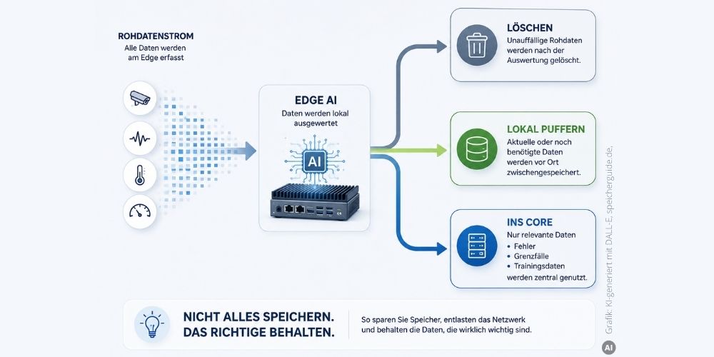 Edge AI filtert früh: Unwichtige Rohdaten können entfallen, relevante Informationen bleiben lokal oder wandern ins Core. (Grafik: KI-generiert mit DALL-E, speicherguide.de)