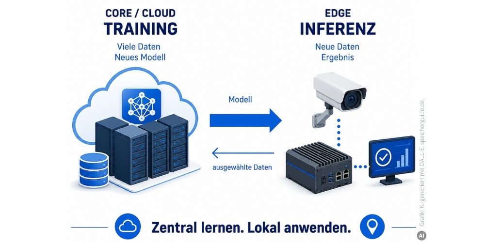 KI-Modelle werden meist zentral trainiert und am Edge eingesetzt. Ausgewählte Daten fließen für Verbesserungen zurück. (Grafik: KI-generiert mit DALL-E, speicherguide.de)
