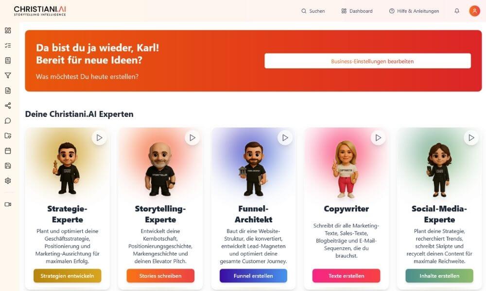 Dashboard von Christiani.AI mit den fünf KI-Experten für Strategie, Storytelling, Funnel, Copywriting und Social-Media – zentraler und übersichtlicher Einstiegspunkt für alle Marketing- und Content-Aufgaben. Bild: Christiani Storymarketing