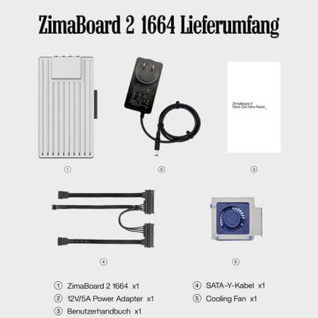 Das Zimaboard 2 kommt mit vorinstalliertem ZimaOS, Netzteil, SATA-Y-Kabel und Lüfter. Festplatten und Halterung müssen separat gekauft werden.(Bild: Icewhale)