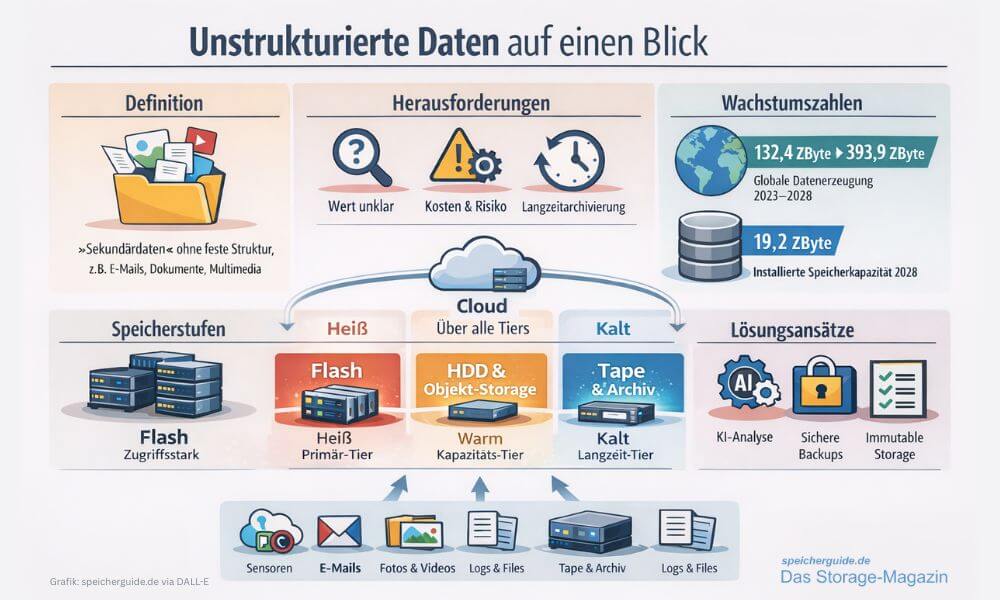 Unstrukturierte Daten dominieren das Speicherwachstum und erfordern differenzierte Tiers, klare Governance sowie resiliente Secondary-Storage-Konzepte. (Grafik: speicherguide.de via DALL-E)