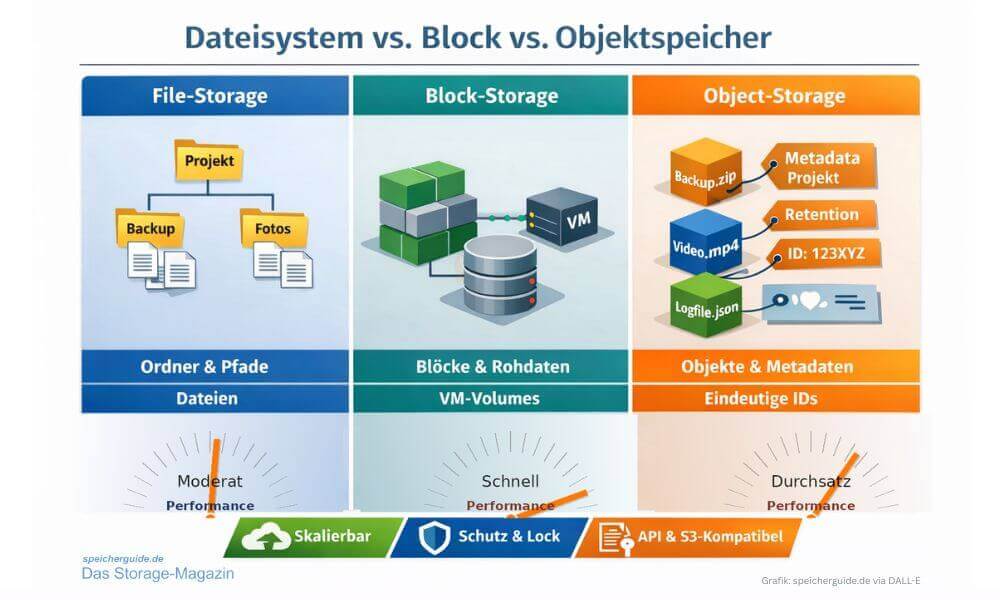 Vergleich von File-, Block- und Object-Storage: Block-Storage liefert meist die höchste IOPS-Performance, Objektspeicher punkten mit hohem Durchsatz und Skalierung, File-Storage liegt typischerweise dazwischen. (Grafik: speicherguide.de via DALL-E)