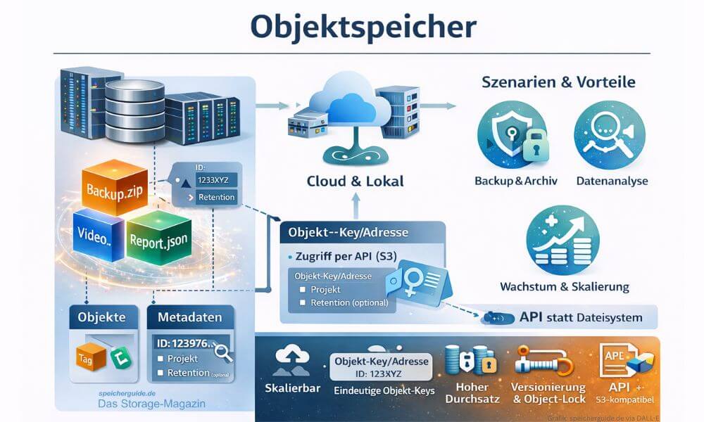 Objektspeicher legen Daten als Objekte mit Metadaten und Objekt-Key ab und werden meist per API, häufig S3-kompatibel, genutzt. Damit eignen sie sich besonders für skalierbare Backup- und Archiv-Repositories sowie für Analyse- und Data-Lake-Szenarien. (Grafik: speicherguide.de via DALL-E)