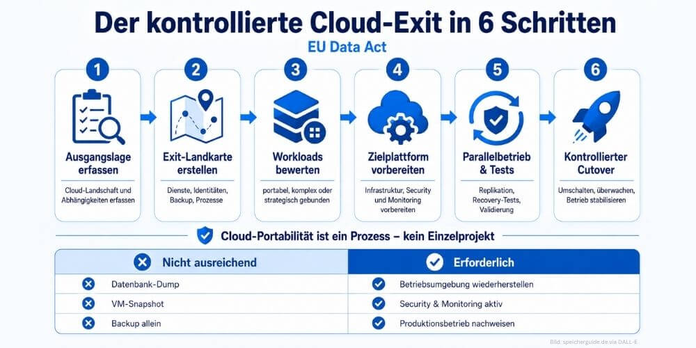 Ein kontrollierter Cloud-Exit erfolgt schrittweise – von der Bestandsaufnahme über Tests und Parallelbetrieb bis zum sicheren Wechsel auf die Zielplattform. (Bild: speicherguide.de via DALL-E)