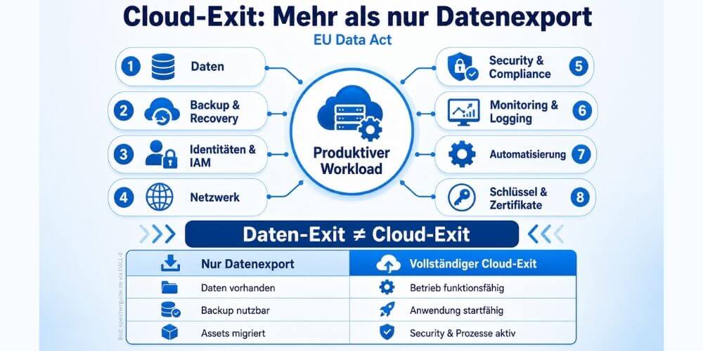 Ein Cloud-Exit umfasst weit mehr als den Datenexport: Erst Backup, Identitäten, Security, Monitoring und Betriebsprozesse machen Workloads wirklich portabel. (Bild: speicherguide.de via DALL-E)