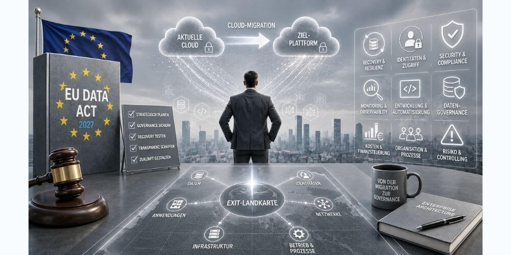 Cloud-Portabilität endet nicht beim Datenexport. Recovery, Monitoring, Exit-Tests und Enterprise Architecture entscheiden darüber, ob ein Cloud-Exit tatsächlich gelingt. (Bild: speicherguide.de via DALL-E)