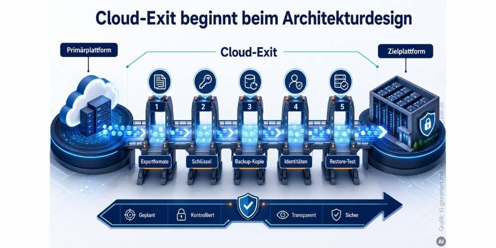 Cloud-Exit funktioniert nur, wenn Exportformate, Schlüssel, Backup-Kopien, Identitäten und Restore-Tests schon im Architekturdesign mitgeplant werden. . (Grafik: Grafik: KI-generiert mit DALL-E, speicherguide.de)