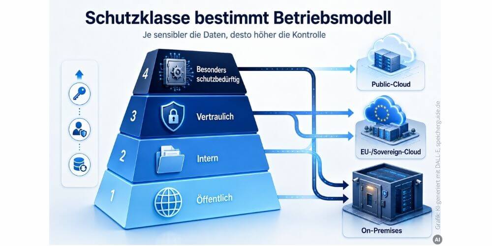 Je sensibler die Daten, desto kontrollierter muss das Betriebsmodell sein: Schutzklassen entscheiden darüber, ob Public-Cloud, souveräne Cloud oder On-Premises-Umgebung sinnvoll sind. (Grafik: Grafik: KI-generiert mit DALL-E, speicherguide.de)