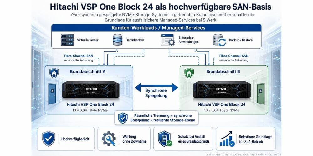 Hitachi VSP One Block 24 als hochverfügbare SAN-Basis. (Bild: KI-generiert mit DALL-E, speicherguide.de, N-Tec, Hitachi)