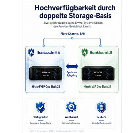 Zwei synchron gespiegelte Hitachi VSP One Block 24-Systeme in getrennten Brandabschnitten bilden bei S.Werk die Storage-Basis für hochverfügbare Managed- Services. (Bild: KI-generiert mit DALL-E, speicherguide.de, N-Tec, Hitachi)