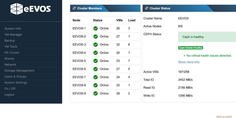 eEVOS lässt sich mit einer zentralen GUI bedienen, die alle Funktionen abdeckt: VM-Erstellung, Netzwerkmanagement, Backup und Wiederherstellung. (Grafik: euroNAS)