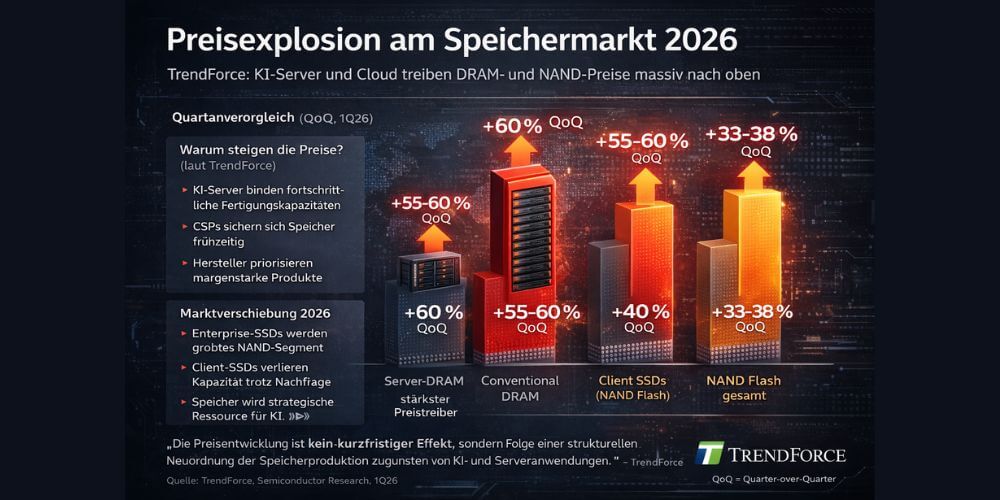 Trendforce: »Die Preisentwicklung ist kein kurzfristiger Effekt, sondern Folge einer strukturellen Neuordnung der Speicherproduktion zugunsten von KI- und Server-Anwendungen.« (Quelle: Trendforce, Bild speicherguide.de via DALL-E)