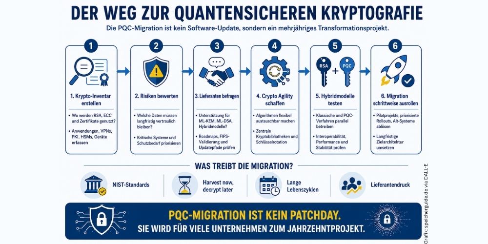Die Migration zu quantensicherer Kryptografie beginnt mit Inventar und Risikoanalyse. Erst danach folgen Lieferantenprüfung, Crypto Agility, Hybridmodelle und Rollout. (Grafik: speicherguide.de via DALL-E)