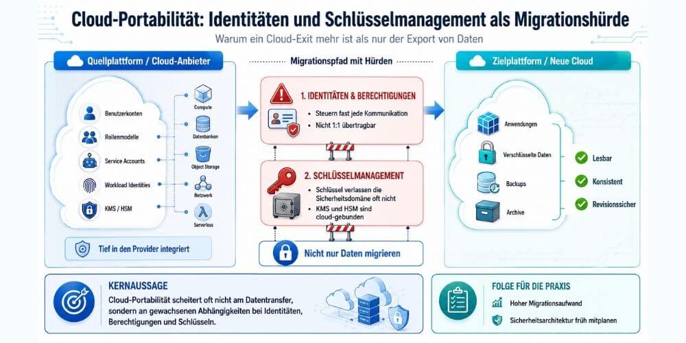 Beim Cloud-Exit müssen nicht nur Daten, sondern auch Identitäten, Berechtigungen und Schlüssel sicher auf die neue Plattform übertragen werden. (Grafik: speicherguide.de via. DALL-E)