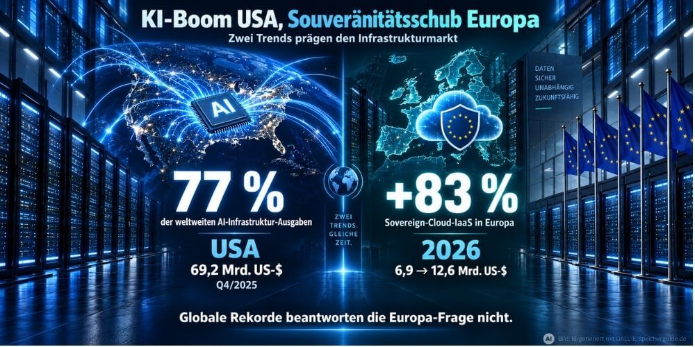 Während 77% der weltweiten AI-Infrastrukturausgaben auf die USA entfallen, sollen die Ausgaben für Sovereign-Cloud-IaaS in Europa 2026 um 83% steigen. Globale Rekordzahlen beantworten die Europa-Frage daher nur bedingt. (Grafik: KI-generiert mit DALL-E, speicherguide.de)
