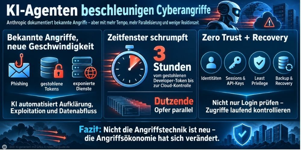 KI-Agenten machen bekannte Angriffe schneller und skalierbarer: weniger Reaktionszeit, mehr Parallelisierung. Zero Trust und Recovery werden damit noch wichtiger. (Grafik: Bild: KI-generiert mit DALL-E, speicherguide.de)