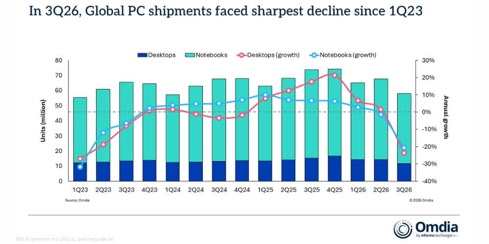 Die Materialkosten für PCs stiegen in allen Preisklassen um über 40 %, während der Anteil der Kosten für Arbeitsspeicher und Speichermedien fast 40 % erreicht. (Quelle: Omdia)